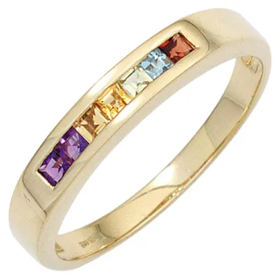 Image de Bague pour femme, en or jaune 585, avec pierres précieuses : améthyste, citrine, grenat, péridot, saphir. Tour de manchette intérieur : 54 mm ~ diamètre : 17,2 mm