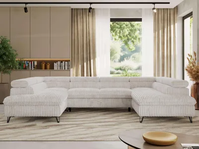 Produktbild von Ecksofa mit Schlaffunktion, Bettkasten, U-form, einstellbare Kopfstützen, Wohnzimmersofa - PABLO U - Cord - Beige