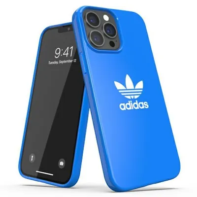 A blue iPhone 13 Pro Max with an Adidas case is shown against a white background.