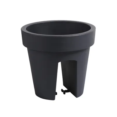 A dark gray balcony planter pot is shown against a white background.