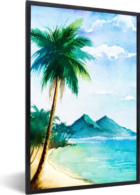Produktbild von MuchoWow® MuchoWow® Gerahmtes Poster Strand - Palme - Berg 40x60 cm - Poster mit zchwarzem Bilderrahmen - Papierdruck - Wandbilder