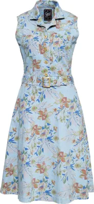 Produktbild von QUEEN KEROSIN Denim Workwear Swing Kleid Mit Tropischen All-Over-Print Hawaii Hellblau Xs