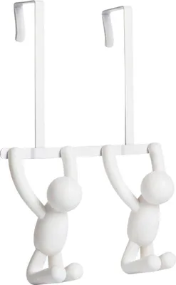 A pair of white over-the-door hooks shaped like stylized figures hanging from a bar.