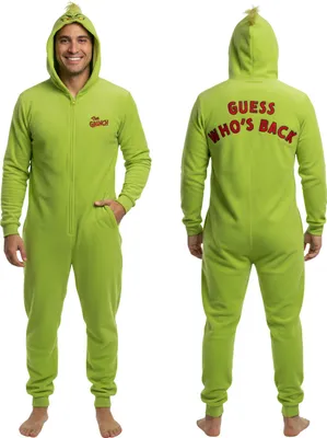 Produktbild von Grinch Einteiler aus Fleece – warmer Herren-Onesie mit Kapuze, weihnachtlicher Pyjama mit Reißverschluss L-XL