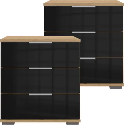Produktbild von Schlafzimmer 2er Set Nachttisch Nachtschrank, auch für Boxspringbetten, in Artisan Eiche Nb. mit schwarzem Glas ELSTRA-43, B/H/T ca. 52/58/38 cm
