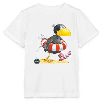 Produktbild von Spreadshirt Der kleine Rabe Socke mit Schwimmreifen Kinder Basic T-Shirt, 98/104 (3-4 Jahre), Weiß