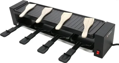 A raclette grill with four spatulas on a white background.