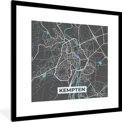 Produktbild von MuchoWow® Gerahmtes Poster Stadtplan - Deutschland - Blau - Kempten - Karte 40x40 cm - Poster mit Schwarzem Bilderrahmen Wandposter Rahmen Foto Bilder - Poster - Plakat im Rahmen