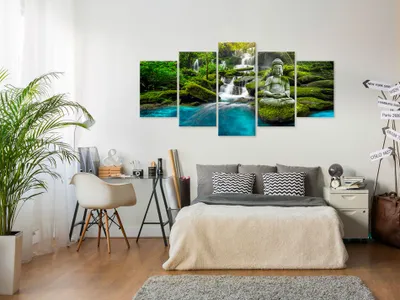 Produktbild von Akustikbild Buddha Natur 200x100 cm Bilder Akustikschaum Hochleistungsschallabsorber Schallschutz Leinwand 5 tlg Wandbild Raumakustik Schalldämmung c-C-0019-b-n