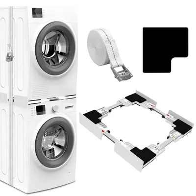 Immagine prodotto di Kit di montaggio per struttura di collegamento per lavatrice e asciugatrice | Set per impilamento con corda a cricchetto | Profondità da 46 a 66 cm | Materiali: plastica e acciaio inossidabile