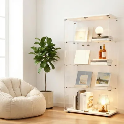Zdjęcie produktu dla Szkło witryna z oświetleniem LED, wysokość 164,5 cm, 4 półki, zamykana na klucz, 2 drzwi, kolor biały