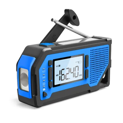 Imagen del producto de Radio de emergencia portátil con manivela y energía solar: radio meteorológica AM/FM/WB para actividades al aire libre, color azul