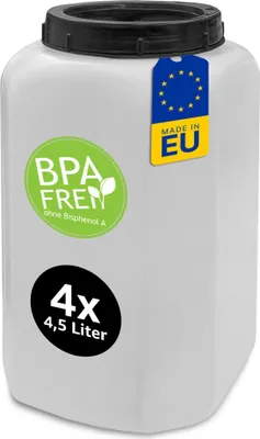 A white plastic storage container with a black lid, featuring several labels.