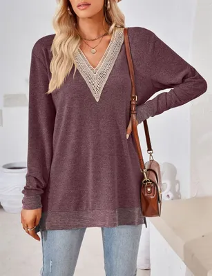 Produktbild von ASKSA Damen Langarm Bluse V-Ausschnitt Spitzenbesatz Elegant Lose Tunika Tops, Violett, XL