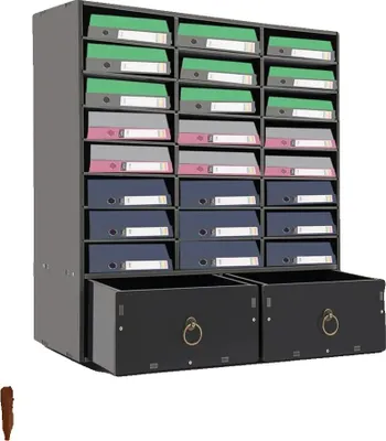 Zdjęcie produktu dla Organizer na literaturę, 24 przegródki, 2 szuflady, materiał PVC, nowoczesny design, wymiary 71,5 x 30 x 70 cm