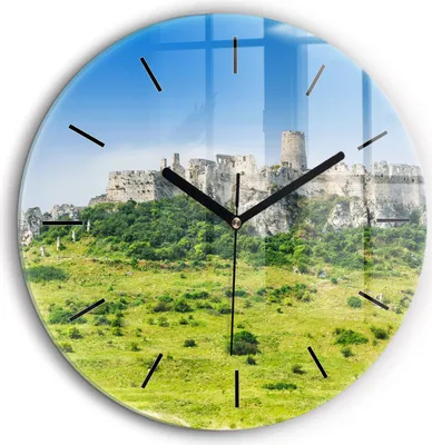 Produktbild von Wallfluent Große Wanduhr – Stilles Quarzuhrwerk - Uhr Dekoration Wohnzimmer Schlafzimmer Küche - Zifferblatt mit Striche - schwarze Zeiger - 60 cm - Zipser Burg in der Slowakei