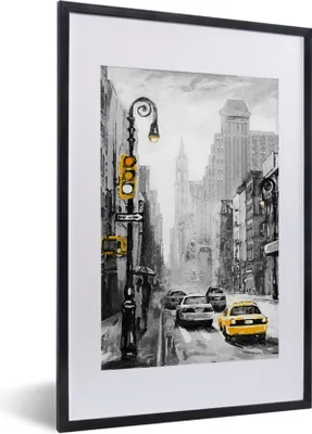 Produktbild von MuchoWow® Gerahmtes Poster Gemälde - Ölfarbe - Stadt - Auto 40x60 cm - Poster mit Schwarzem Bilderrahmen Wandposter Rahmen Foto Bilder - Poster in Rahmen