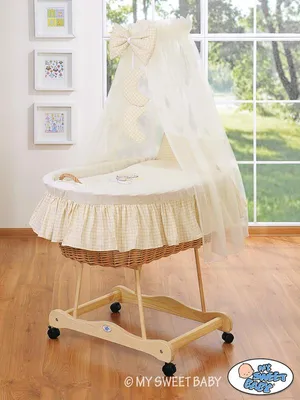 Image de MY SWEET BABY Panier pour bébé en fibres naturelles crème avec roues pivotantes et baldaquin