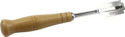 Produktbild von Edelstahl-Brotbogenmesser mit gebogenem Holzgriff und 5 Ersatzklingen