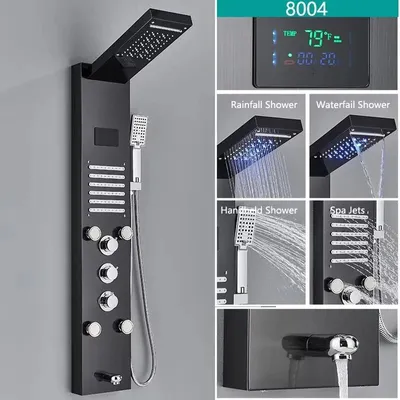 Produktbild von Regendusche Wasserfall Duschsystem - LED Duschpaneel 8004 - 304 Edelstahl - Körpermassage Düsen drehbar - Digitale Temperaturanzeige - Wannenarmatur - Schwarz