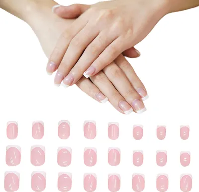 Produktbild von Künstliche Nägel, Nagelspitzen, kurz, quadratisch, französische Kunstnägel, zum Aufkleben für Frauen und Mädchen, Nagelkunst, kurze französische Kunstnägel, 24 Stück, hautfarben, zum Aufdrücken