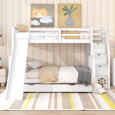 Image de okwish Lit superposé (90x200 cm / 140x200 cm), lit multifonction pour enfants avec 2 tiroirs de rangement et toboggan, bois de pin massif, stable et durable – blanc