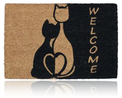 Zdjęcie produktu dla Wycieraczka Relaxdays z włókna kokosowego, 60 x 40 cm, z motywem kotów i napisem „Welcome”, z gumową warstwą po obu stronach, wycieraczka przed drzwiami, kolor naturalny/czarny, Obraz wygenerowany przez AI