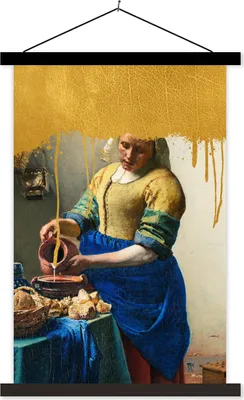 Produktbild von MuchoWow® Textilposter Milchmädchen - Gold - Vermeer 120x180 cm mit schwarzem Rahmen - Fotos