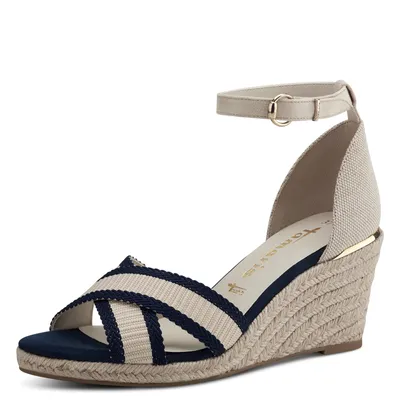Produktbild von Tamaris Damen Sandalette Webstoff Kreuzriemen Keilabsatz Bastoptik 1-28343-20, Größe:39 EU, Farbe:Blau