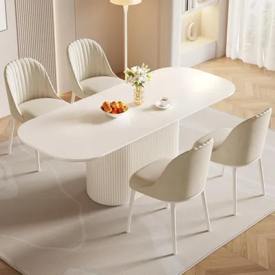 Image de Ensemble de table à manger avec 4 chaises, design scandinave, couleur blanche, 220 cm