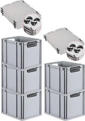 Produktbild von SparSet 5x Eurobox NextGen Color mit Auflagedeckel und Schiebeschnappverschlüsse | HxBxT 32x30x40cm | 30 Liter | Grau | Griffe schwarz offen | Glatter Boden | Eurobehälter, Transportbox, Transportbehälter, Stapelbehälter