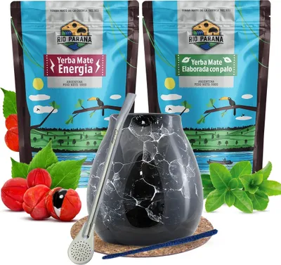 Obrázek produktu pro Rio Parana – Sada na čaj mate 1 kg Elaborada Energia Guarana 2x500 g – Keramický hrnek na mate 300 ml – Bombilla – Yerba z Argentiny – Zrálo minimálně 1 rok