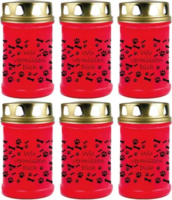 Produktbild von Grabkerze Rot 6er Pack, Brenndauer: 48 Stunden ( je Kerze ), Motiv: Knochen - Pfoten