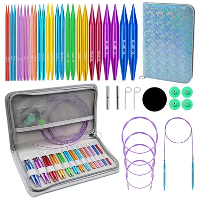 Produktbild von Rundstricknadelset, leichtes Aluminium, austauschbare Nadeln, Set mit Etui und Zubehör, 13 Paar 10 cm Rundstricknadeln, von 3,0 mm bis 10 mm.