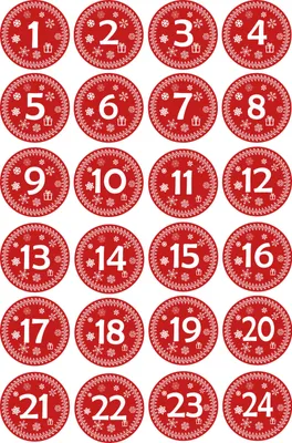 Produktbild von INDIGOS UG - Aufkleber Ø40mm für Adventskalender 1 to 24 - rot Vintage Style - Labels - Stickers - Weihnachtskalender - Weihnachten - Advent - rund - zum Aufkleben