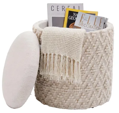 Produktbild von FineBuy Sitzhocker mit Stauraum aus Wolle 40cm Creme Rund Design Boho Stoffhocker mit abnehmbarem Deckel Polsterhocker Hocker Beistellhocker Handmade