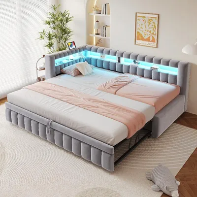 Zdjęcie produktu dla Łóżko tapicerowane o wymiarach 90x200 z możliwością rozkładania, sofa wypoczynkowa z oświetleniem LED, łóżko tapicerowane w jasnoszarym kolorze z portami USB i typu C, zagłówek z półką