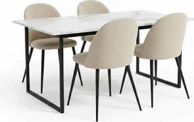 Produktbild von Tilst Essgruppe Tisch weiß Marmor Print 90x160 4 Stühlen Velour beige.