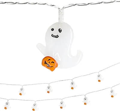 Produktbild von LED Lichterkette Geist Girlande 2er Set 165cm weiß orange 10 LEDs warmweiß Kunststoff Halloweendekoration 10 Gespenster mit Kürbis