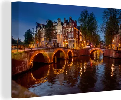 Produktbild von OneMillionCanvasses® - Leinwandbilder - 150x100 cm, Amsterdams Keizersgracht mit einer beleuchteten Brücke, Wandbilder Kunstdruck Wanddekoration