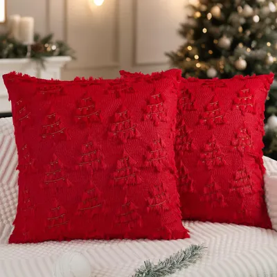 Kissenbezug 40x40 cm, 2er-Set, Kunstfell, Weihnachtsbaum, rot