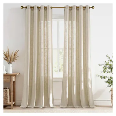 Produktbild von Leinenvorhang Boho Halbtransparente Vorhänge für Sichtschutz im Wohnzimmer mit Ösen, Dicke Leinenoptik, 2er Set, H 225 x B 140 cm, Beige