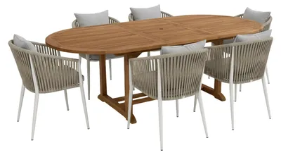 Produktbild von AXI Marzi/Faye 7-teiliges Gartenset für 6 Personen - Beige | Esstisch aus Teakholz mit Ovalem Ausziehbarem Gartentisch | Mit 6 Gartenstühlen inklusive Olefin-Sitzkissen | Für draußen