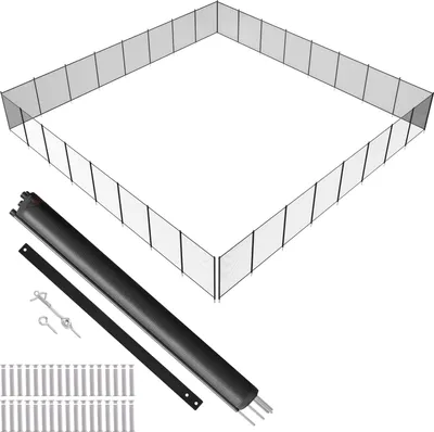 A white background displays a pool fence and its components.