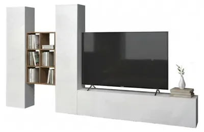 Produktbild von Wohnzimmermöbel Dcola, Wohnzimmergarnitur TV-Möbel mit 3 Türen, Mehrzweck-Wohnmöbel, 100 %  Italy, cm 320x30h180, glänzend weiß und Ahorn