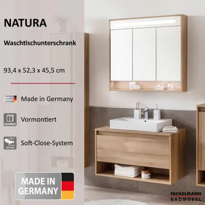 Produktbild von FACKELMANN Waschtischunterschrank Natura ohne Beckenausschnitt / Badschrank mit Soft-Close-System / Maße (B x H x T): ca. 93,4 x 52,3 x 45,5 cm / hochwertiger Schrank fürs Bad / Korpus & Front: Braun