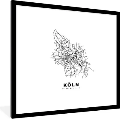 Produktbild von MuchoWow® Gerahmtes Poster Karte - Köln - Schwarz-Weiß - Stadtplan 40x40 cm - Poster mit Schwarzem Bilderrahmen Wandposter Rahmen Foto Bilder - Poster - Plakat im Rahmen
