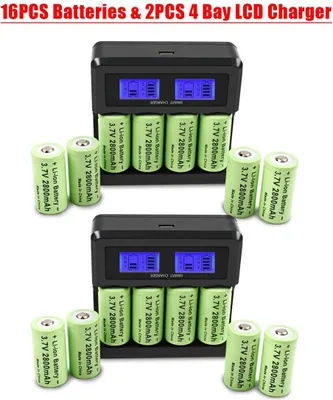 Image de Lot de batteries rechargeables - 16340 CR123A/RCR123A Li-Ion - Lot de 16 - 2800 mAh - 3,7 V - 2 chargeurs muraux - Noir