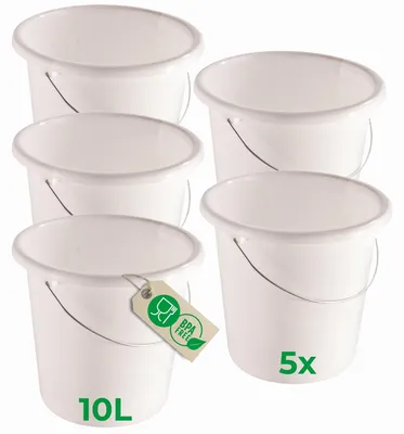 Produktbild von Novaliv 5 Stück Eimer 10L Weiß mit Maßeinteilung - Putzeimer 10 Liter ⌀ 28,5 cm Praktischer Allrounder mit Skala für Haushalt & Garten ideal als Haushaltseimer, Wassereimer, Wischeimer, Bucket