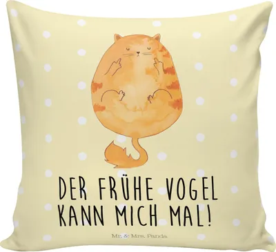 Produktbild von Mr. & Mrs. Panda Kissen 40x40 Katze Frühaufsteher - Gelb Pastell - Geschenk, Deko, Kaffee, Kater, bedruckt, Tiger, Genervt, wohnzimmer, Verschlafen, Katzen, Kuschel, Sofa
